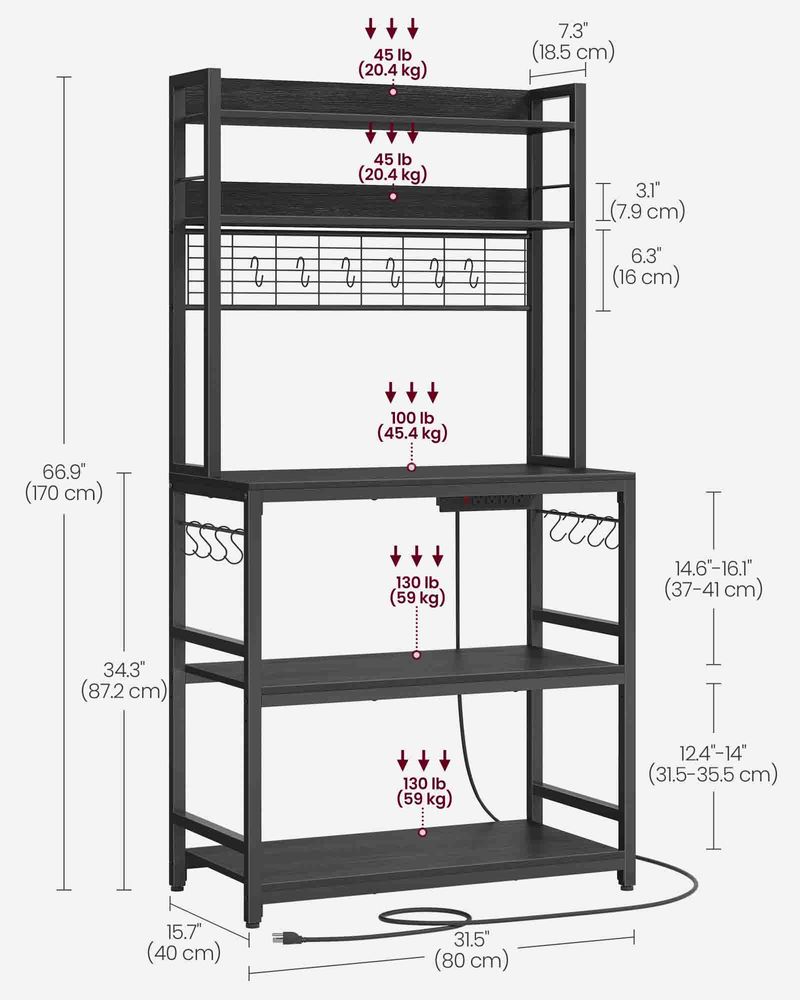 Bakers Rack With Power Outlet | Kitchen Hutch With Adjustable Shelves