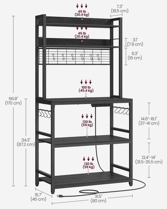 Bakers Rack With Power Outlet | Kitchen Hutch With Adjustable Shelves