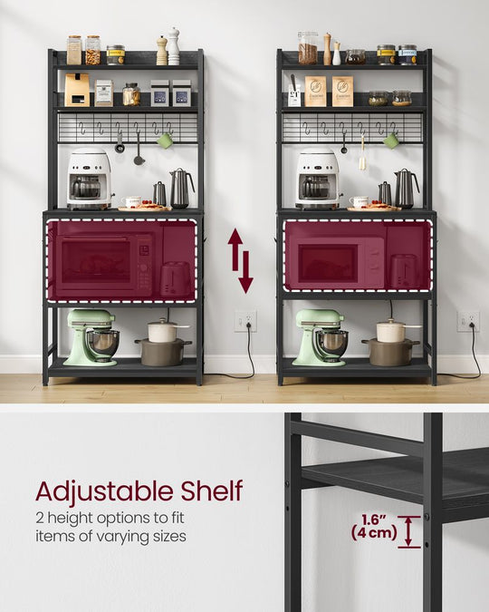 Bakers Rack With Power Outlet | Kitchen Hutch With Adjustable Shelves