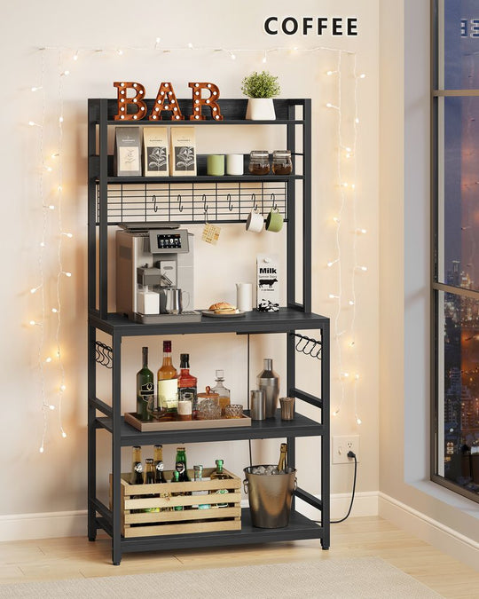 Bakers Rack With Power Outlet | Kitchen Hutch With Adjustable Shelves