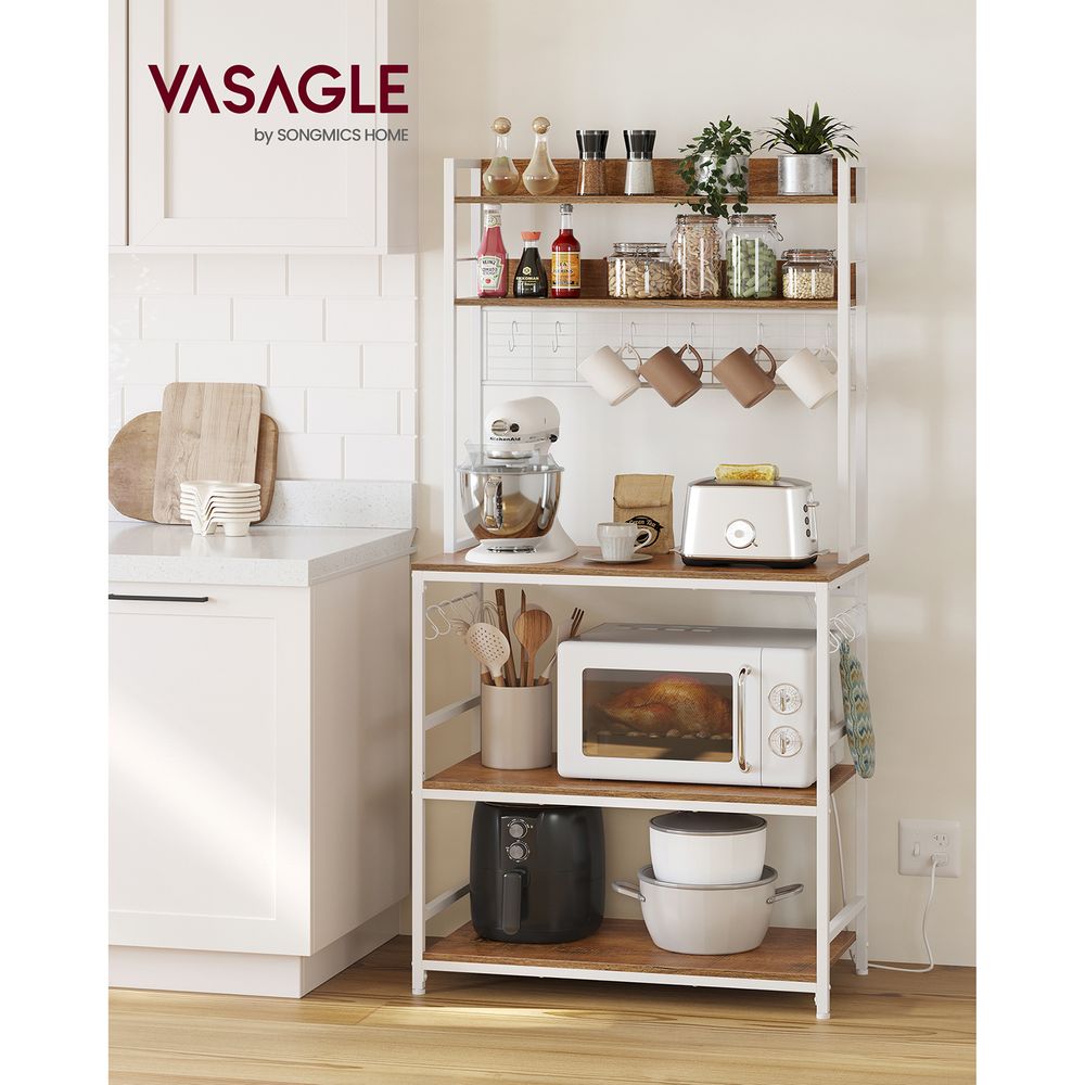 Bakers Rack With Power Outlet | Kitchen Hutch With Adjustable Shelves