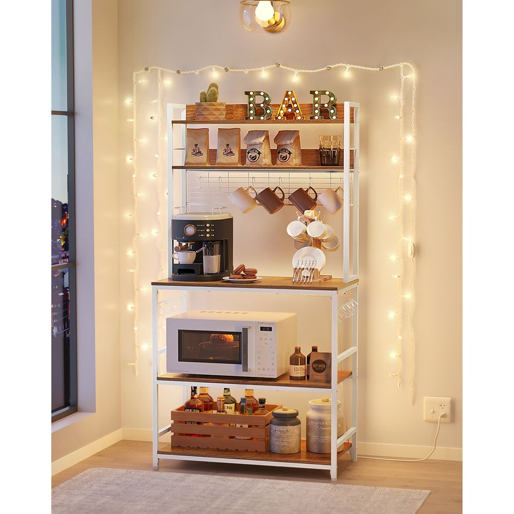 Bakers Rack With Power Outlet | Kitchen Hutch With Adjustable Shelves