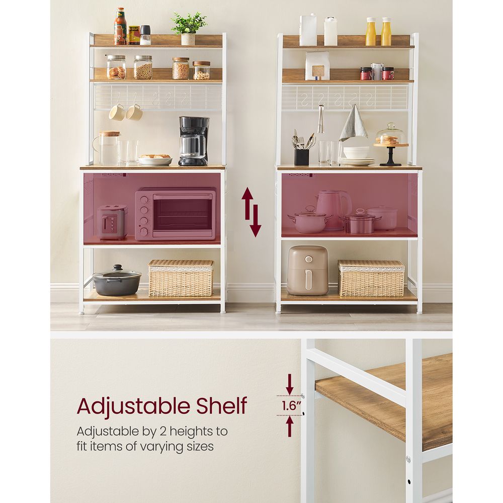 Bakers Rack With Power Outlet | Kitchen Hutch With Adjustable Shelves