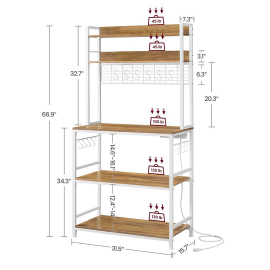 Bakers Rack With Power Outlet | Kitchen Hutch With Adjustable Shelves