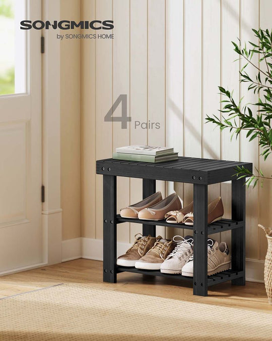 Bamboo Shoe Rack Bench | Three Tier Entryway Storage Seat