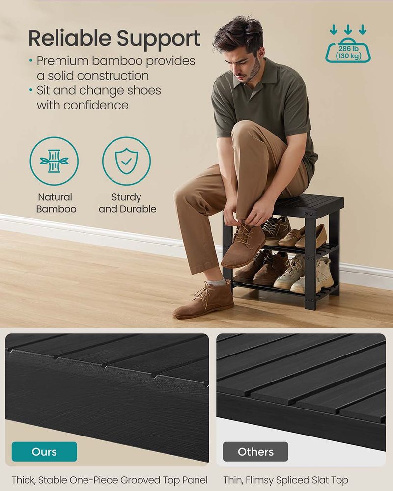 Bamboo Shoe Rack Bench | Three Tier Entryway Storage Seat