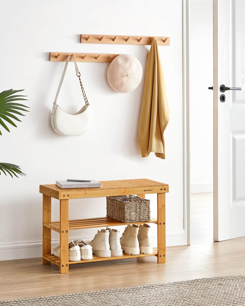 Bamboo Shoe Rack Bench | Three Tier Entryway Storage Seat