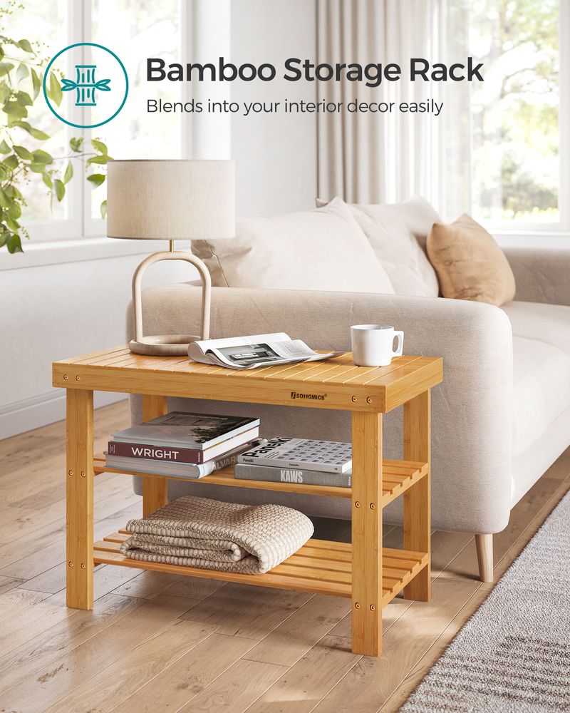 Bamboo Shoe Rack Bench | Three Tier Entryway Storage Seat