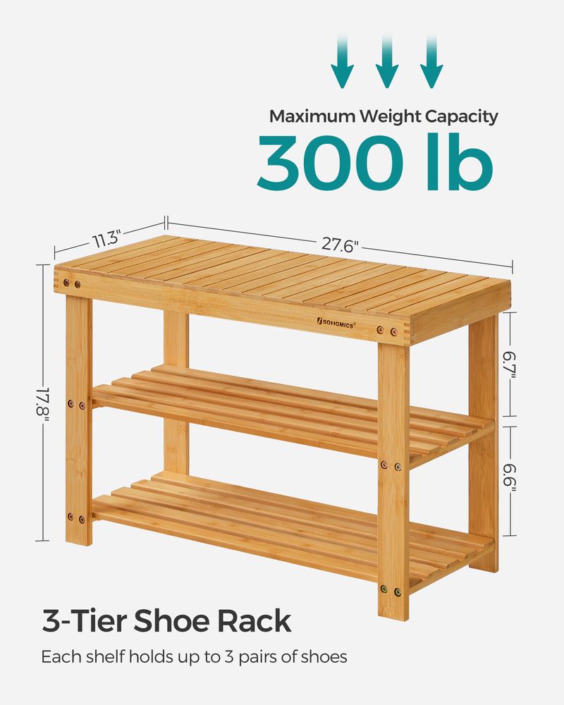 Bamboo Shoe Rack Bench | Three Tier Entryway Storage Seat