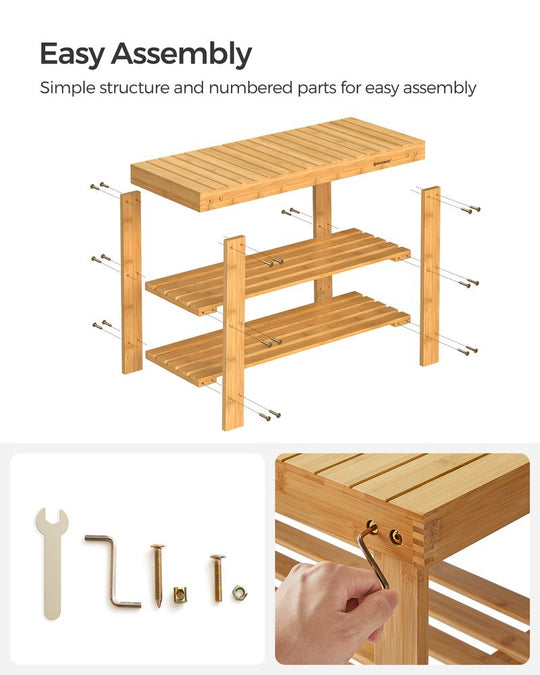Bamboo Shoe Rack Bench | Three Tier Entryway Storage Seat