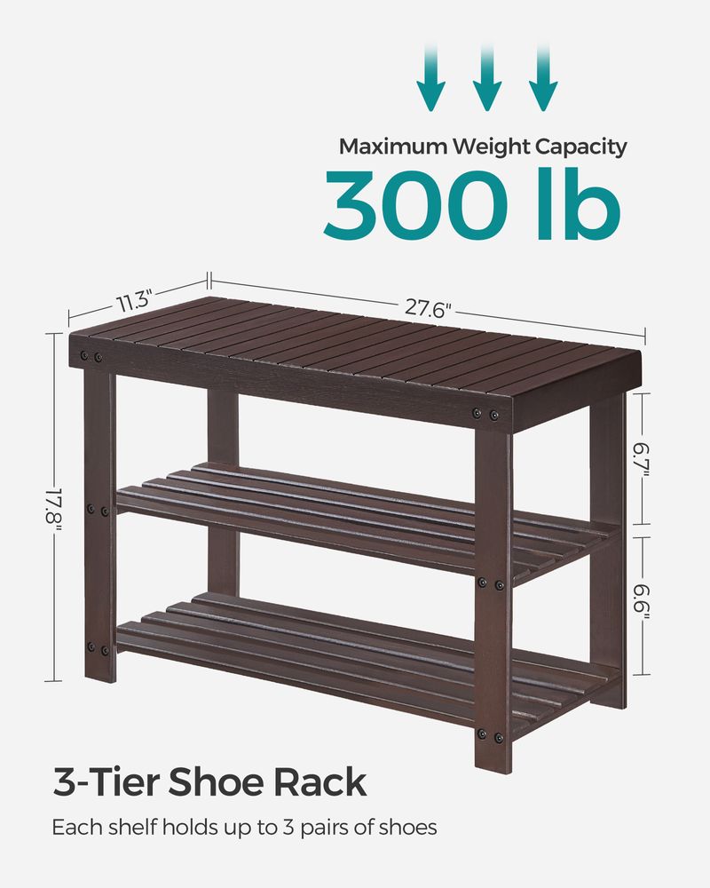 Bamboo Shoe Rack Bench | Three Tier Entryway Storage Seat