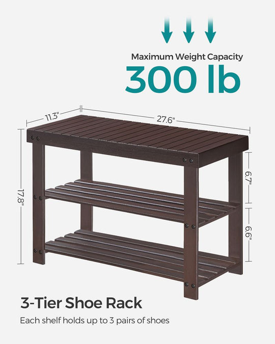 Bamboo Shoe Rack Bench | Three Tier Entryway Storage Seat