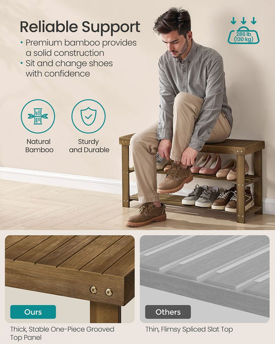Bamboo Shoe Rack Bench | Three Tier Entryway Storage Seat