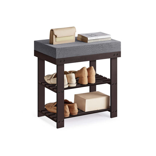 Bamboo Shoe Bench | Cushioned Seat With Two Storage Shelves