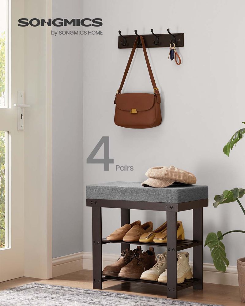 Bamboo Shoe Bench | Cushioned Seat With Two Storage Shelves