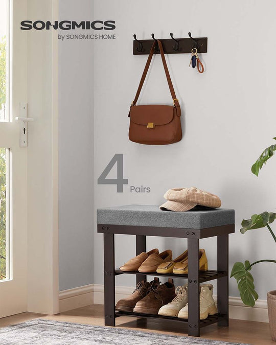 Bamboo Shoe Bench | Cushioned Seat With Two Storage Shelves