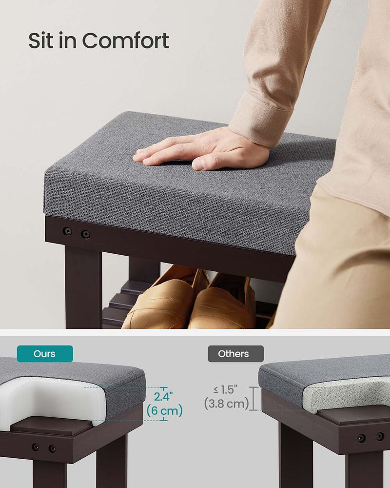 Bamboo Shoe Bench | Cushioned Seat With Two Storage Shelves