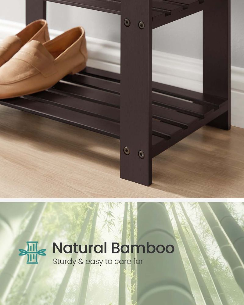Bamboo Shoe Bench | Cushioned Seat With Two Storage Shelves