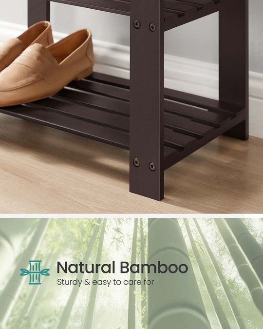 Bamboo Shoe Bench | Cushioned Seat With Two Storage Shelves