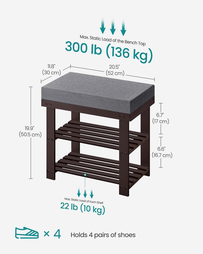Bamboo Shoe Bench | Cushioned Seat With Two Storage Shelves