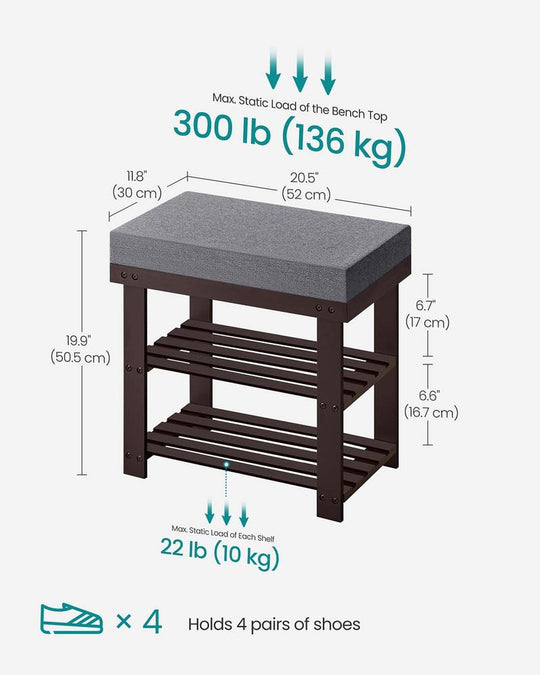Bamboo Shoe Bench | Cushioned Seat With Two Storage Shelves