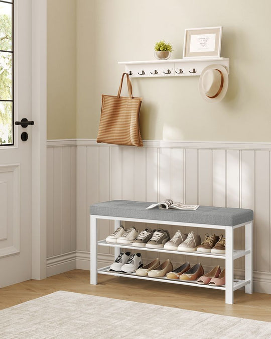 Cushioned Shoe Storage Bench | Entryway Seating With Shelves