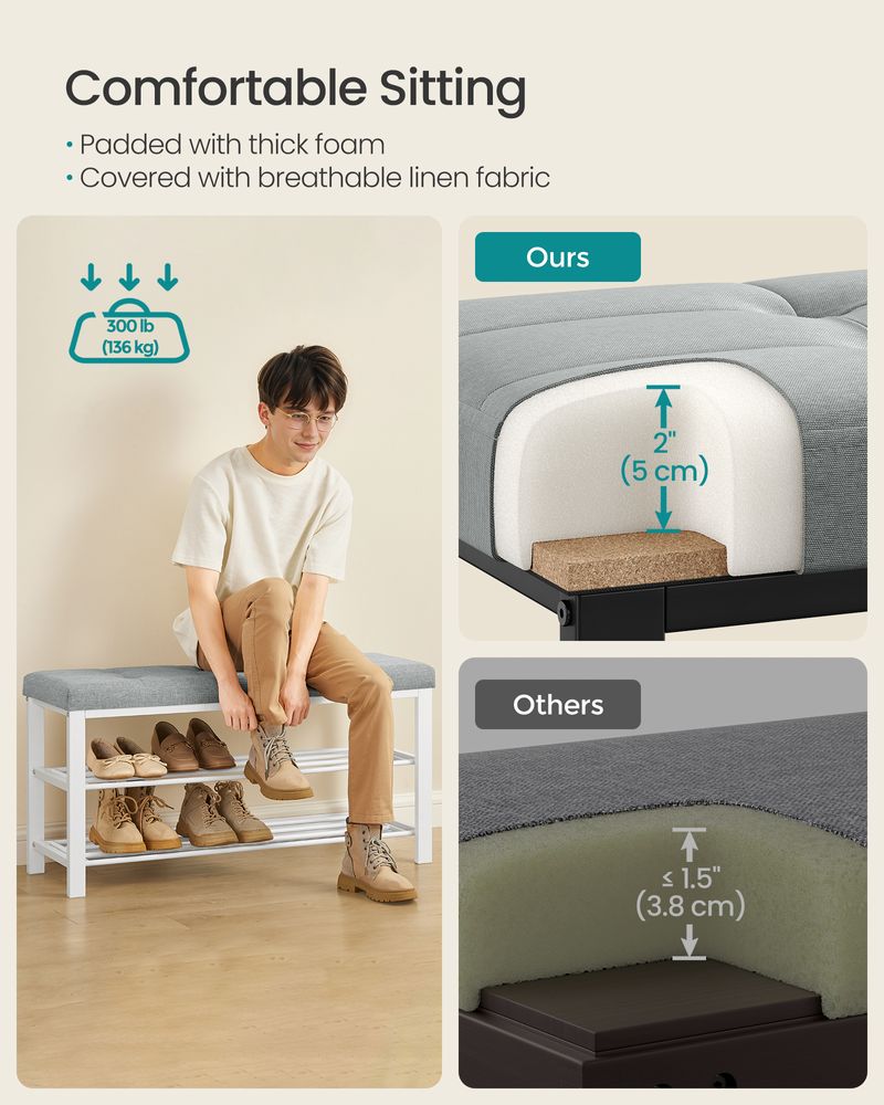 Cushioned Shoe Storage Bench | Entryway Seating With Shelves