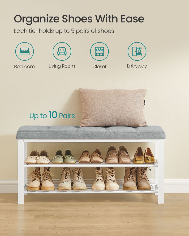 Cushioned Shoe Storage Bench | Entryway Seating With Shelves
