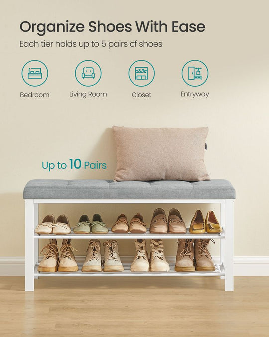 Cushioned Shoe Storage Bench | Entryway Seating With Shelves