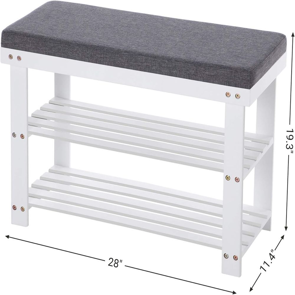Bamboo Shoe Bench | Cushioned Seat With Two Storage Shelves