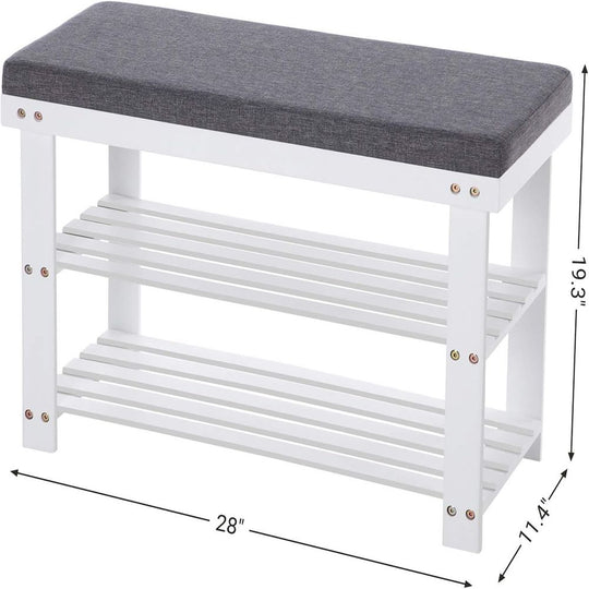 Bamboo Shoe Bench | Cushioned Seat With Two Storage Shelves