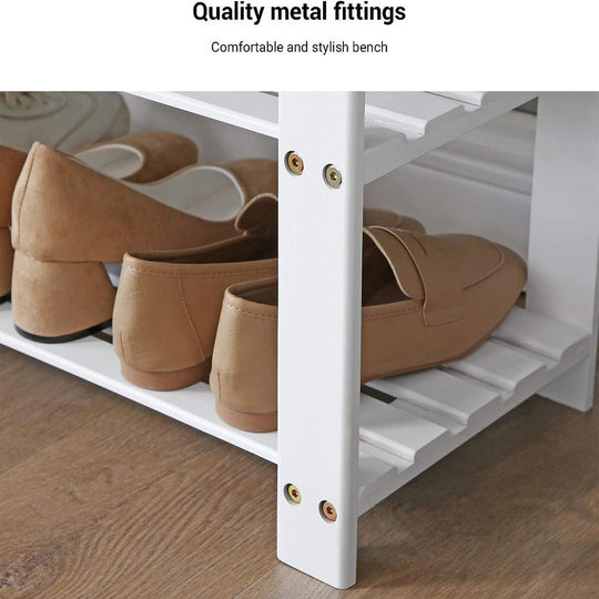 Bamboo Shoe Bench | Cushioned Seat With Two Storage Shelves