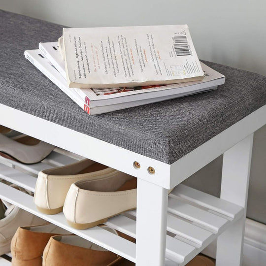 Bamboo Shoe Bench | Cushioned Seat With Two Storage Shelves