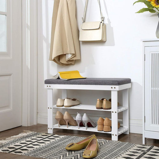 Bamboo Shoe Bench | Cushioned Seat With Two Storage Shelves