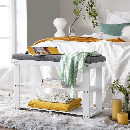 Bamboo Shoe Bench | Cushioned Seat With Two Storage Shelves