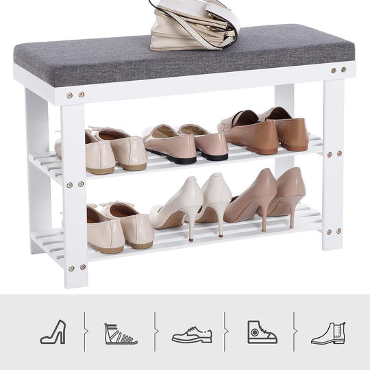 Bamboo Shoe Bench | Cushioned Seat With Two Storage Shelves