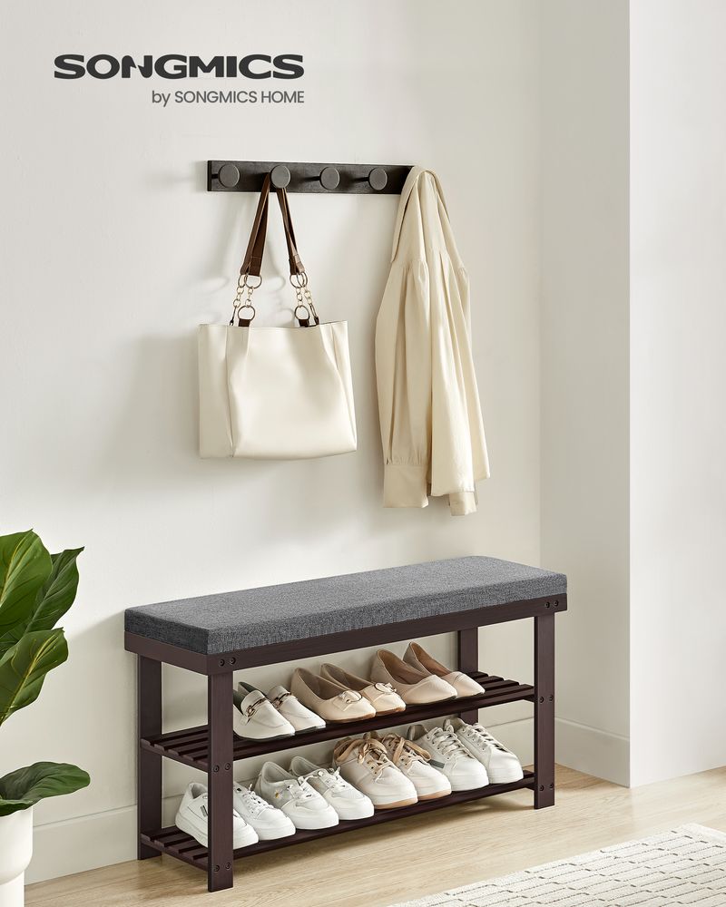 Bamboo Shoe Bench | Cushioned Seat With Two Storage Shelves
