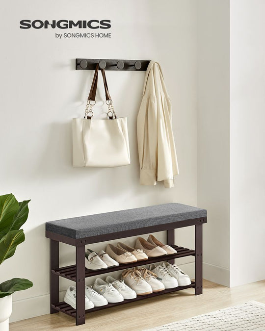 Bamboo Shoe Bench | Cushioned Seat With Two Storage Shelves