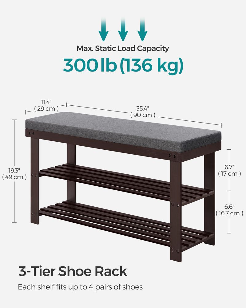 Bamboo Shoe Bench | Cushioned Seat With Two Storage Shelves