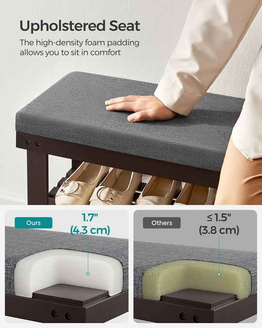 Bamboo Shoe Bench | Cushioned Seat With Two Storage Shelves