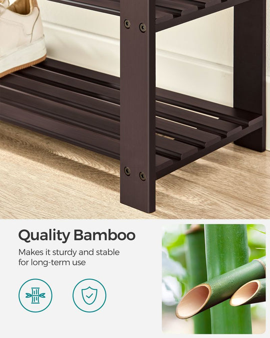 Bamboo Shoe Bench | Cushioned Seat With Two Storage Shelves