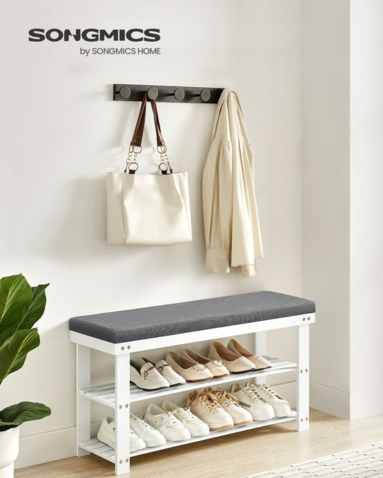 Bamboo Shoe Bench | Cushioned Seat With Two Storage Shelves