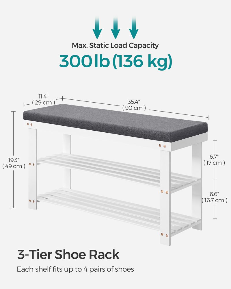 Bamboo Shoe Bench | Cushioned Seat With Two Storage Shelves