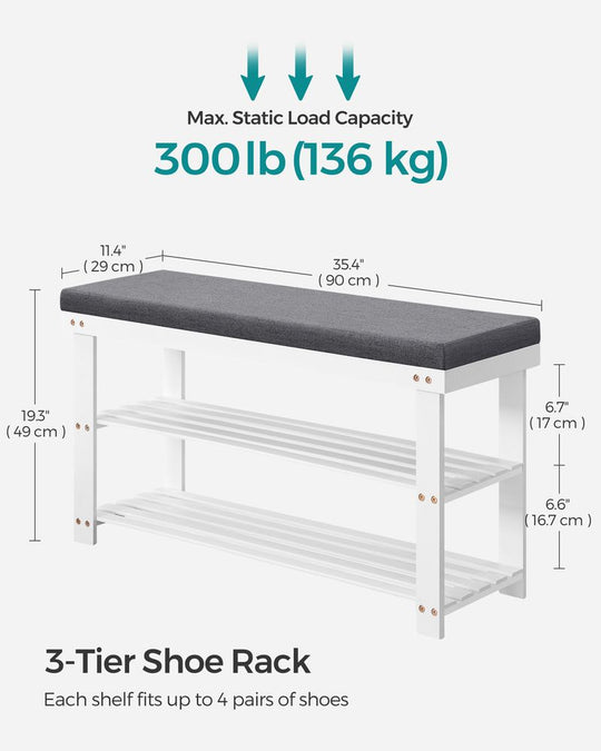 Bamboo Shoe Bench | Cushioned Seat With Two Storage Shelves