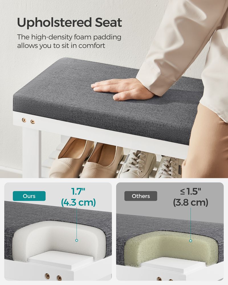 Bamboo Shoe Bench | Cushioned Seat With Two Storage Shelves