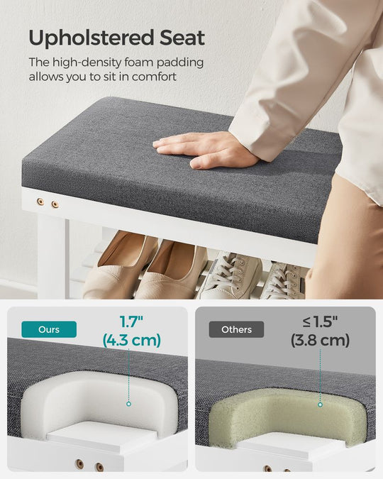Bamboo Shoe Bench | Cushioned Seat With Two Storage Shelves