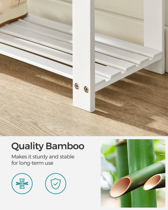 Bamboo Shoe Bench | Cushioned Seat With Two Storage Shelves