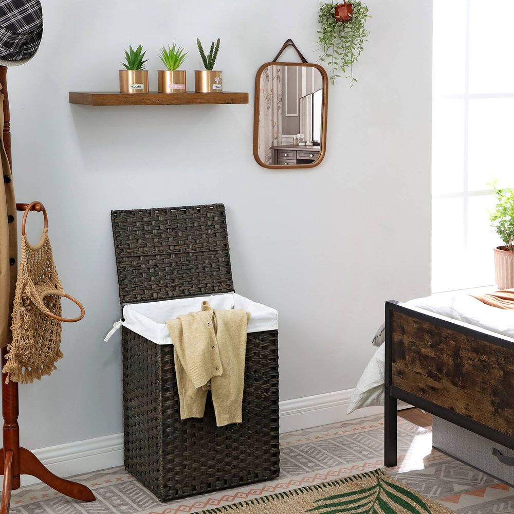 Woven Laundry Basket | Lidded Hamper With Fabric Liner