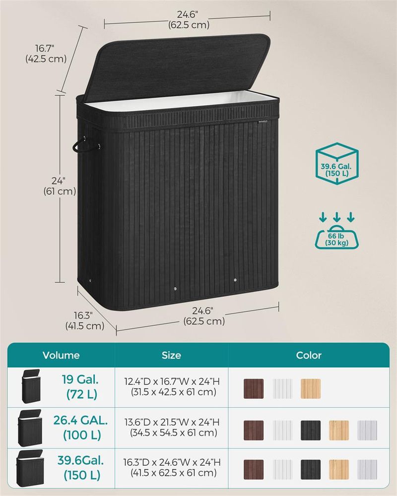 Bamboo Laundry Hamper | Foldable Basket With Lid And Handles