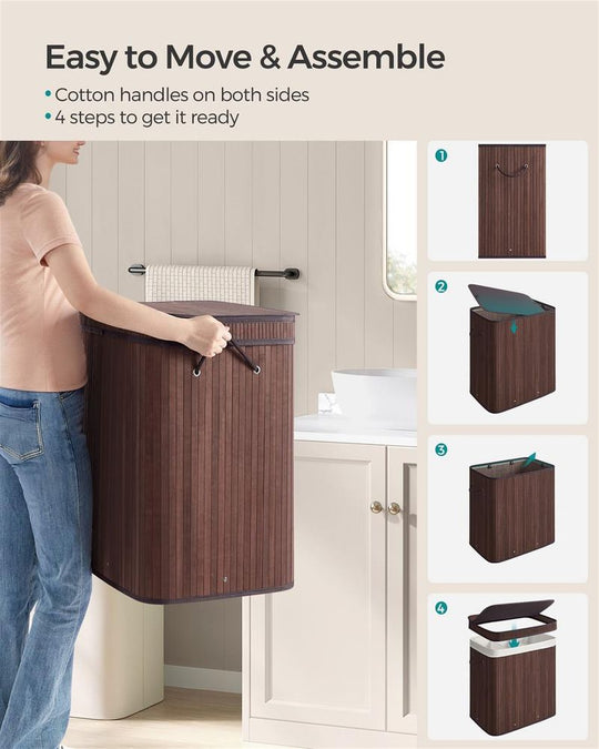 Bamboo Laundry Hamper | Foldable Basket With Lid And Handles